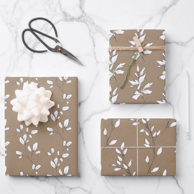 Rustic Kraft White Stem Leaf Greenery Geschenkpapier Set (Vorderseite)