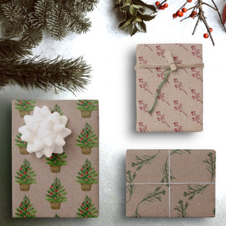 Rustic Kraft Winter Watercolor Botanische Weihnach Geschenkpapier Set