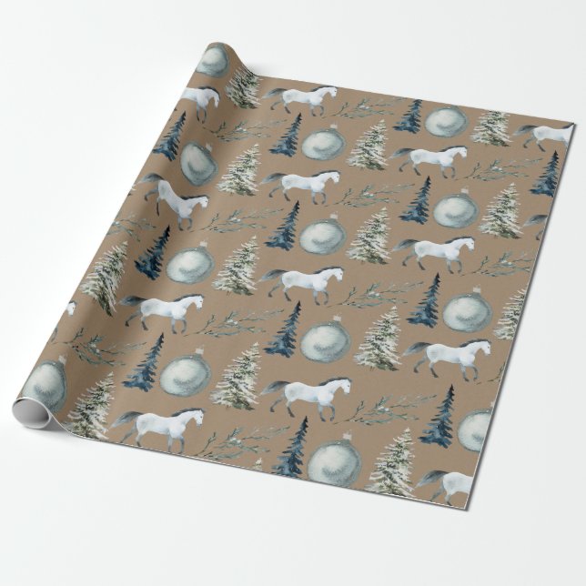 Rustic Kraft Winter White Horce & Blue Spruce Geschenkpapier (Ungerollt)