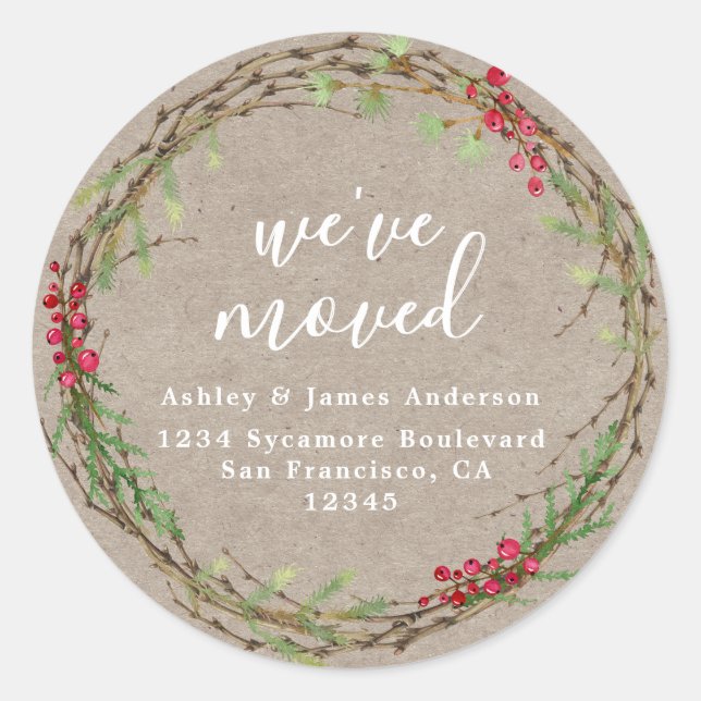 Rustic Kraft Wreath We’ve Moved Address Runder Aufkleber (Vorderseite)