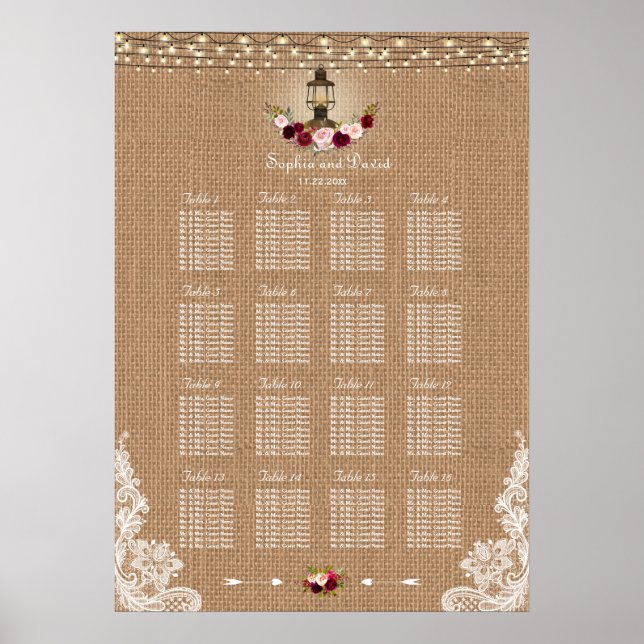 Rustic Lace Burlap String Lights Seating Chart Poster (Vorne)