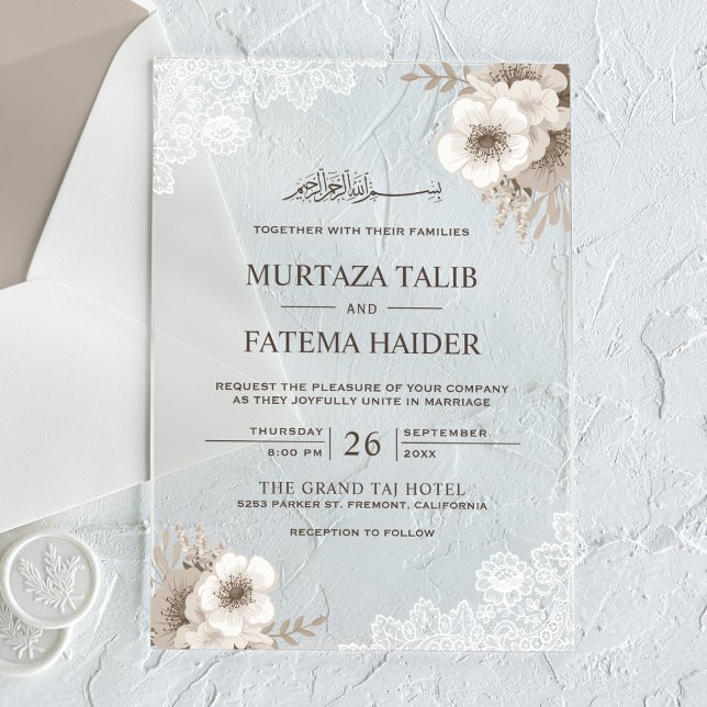 Rustic Lace Ivory Floral Islamic Wedding Acryleinladungen (Von Creator hochgeladen)