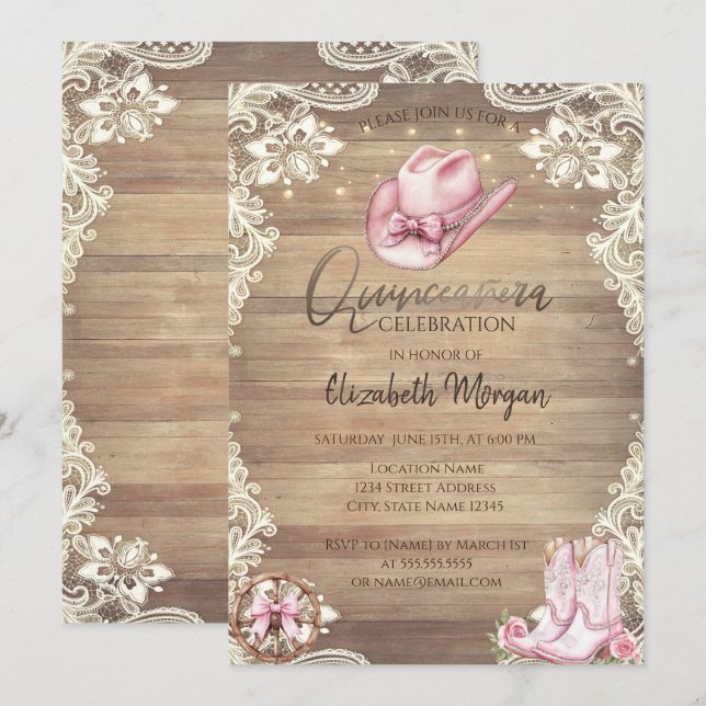 Rustic Lace,Lights Cowgirl Boots Hat Quinceañera Einladung (Vorne/Hinten)