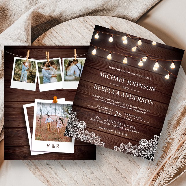 Rustic Lace Lights Photo Budget Wedding Invitation (Von Creator hochgeladen)