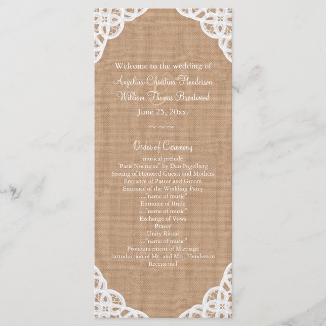 Rustic Lace & Medium Burlap Programme de mariage (Devant)