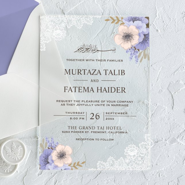 Rustic Lace Purple Floral Islamic Wedding Acryleinladungen (Von Creator hochgeladen)