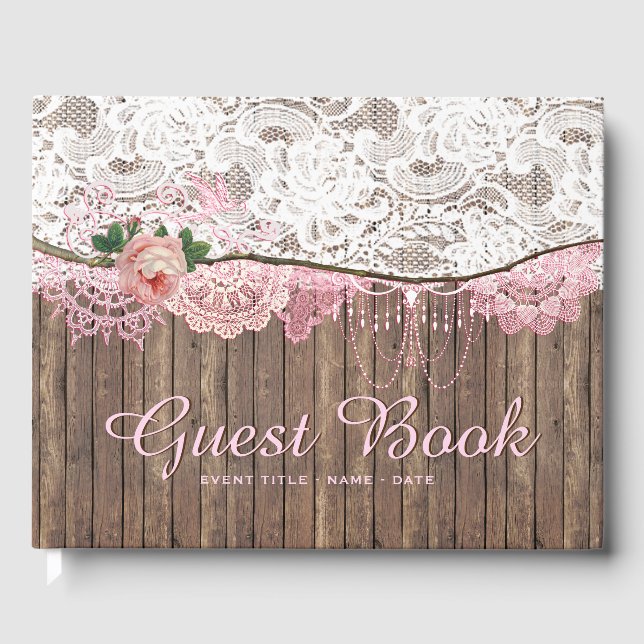 Rustic Lace Wood Baby shower Mariage livre d'hôtes (Recto)