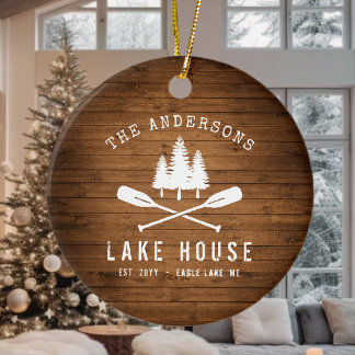 Rustic Lake House Boat Oars Trees Wood Print Keramik Ornament