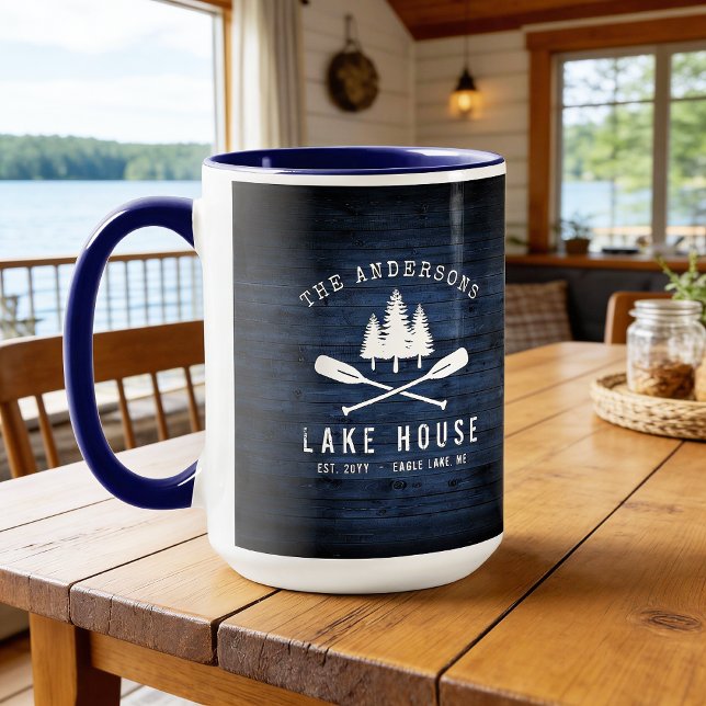 Rustic Lake House Oars Trees Blue Wood drucken Gro Tasse (Von Creator hochgeladen)