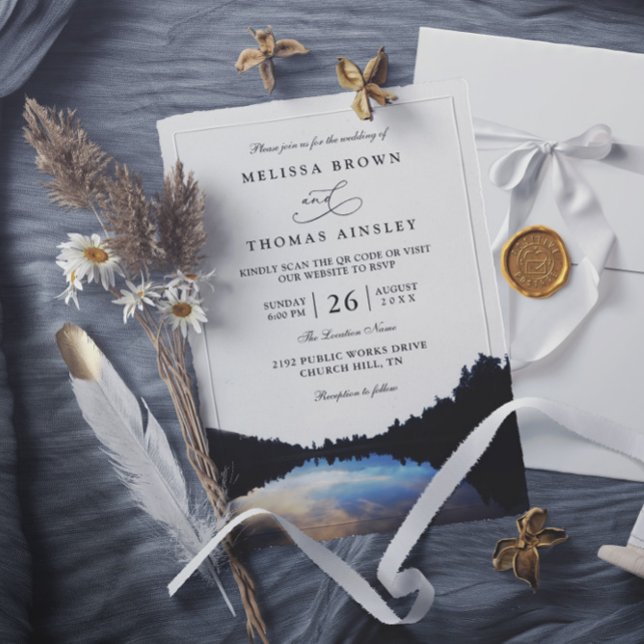 Rustic Lake Reflections Lakeside QR Code Wedding Einladung (Von Creator hochgeladen)