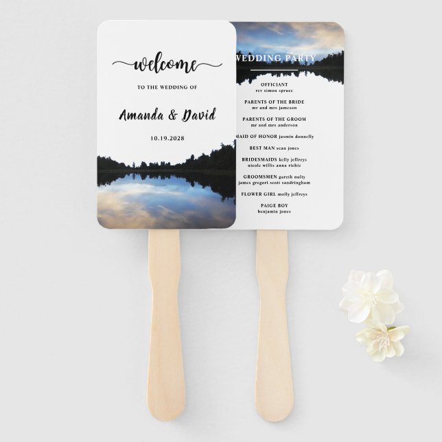 ©Rustic Lake Reflections Lakeside Wedding Hand Fan Fächer (Vorne und Hinten)