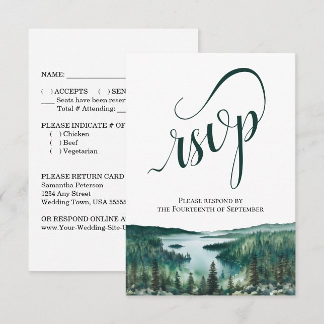 Rustic Lake Tahoe Elegant Script Wedding RSVP Karte (Vorne/Hinten)