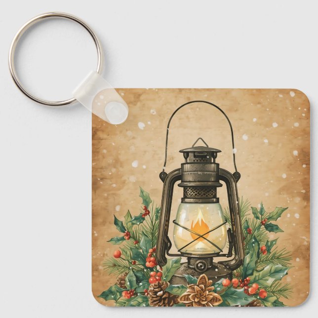 Rustic lantern holly pine festive winter christmas schlüsselanhänger (Vorderseite)