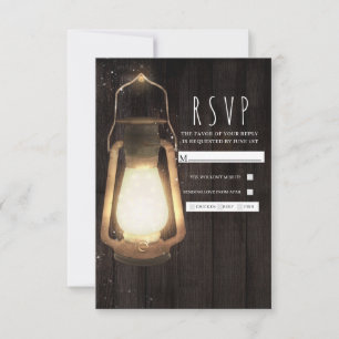 Rustic Lantern Lights Barn Wood Wedding RSVP Karte