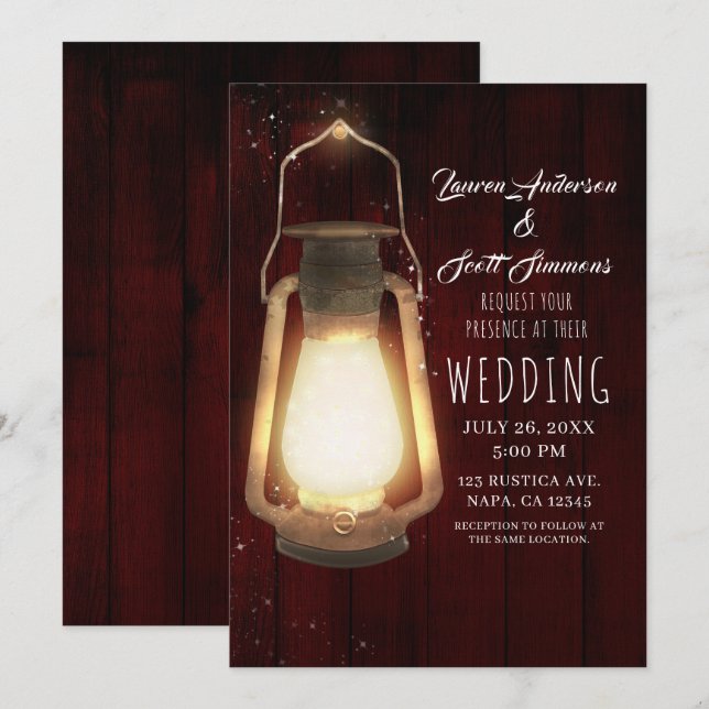 Rustic Lantern Lights Cherry Wood Barn Hochzeit Einladung (Vorne/Hinten)
