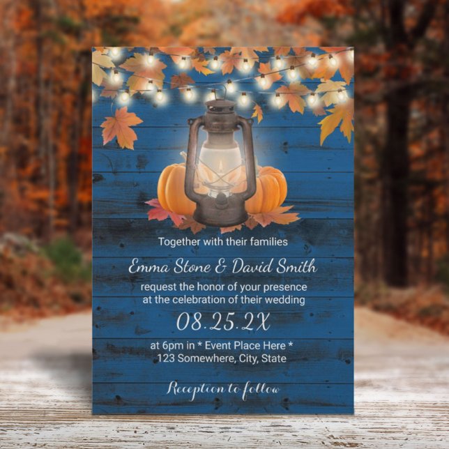 Rustic Lantern & Pumpkins Navy Blue Hochzeit im He Einladung (Von Creator hochgeladen)