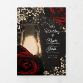 Rustic Lantern Rote Rosen Dreifache Hochzeit Dreifach Gefaltete Einladung