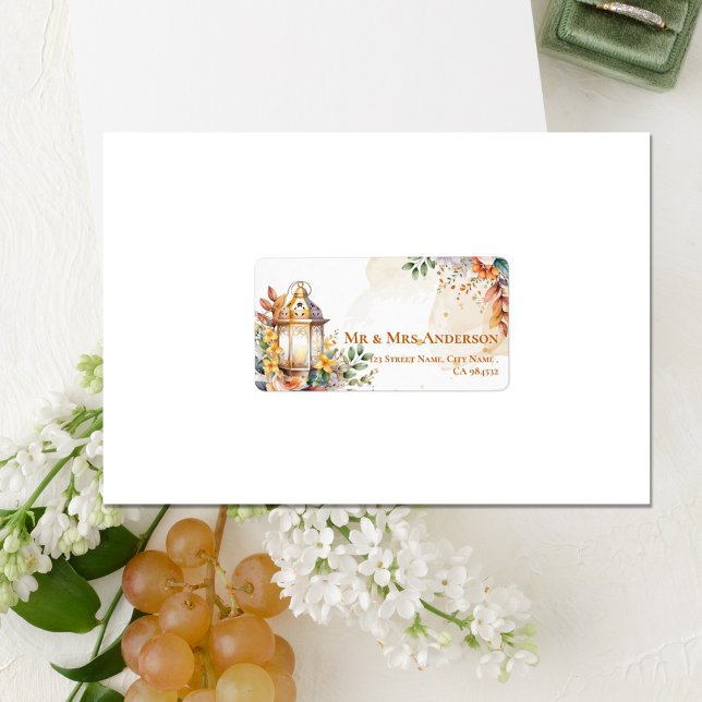 Rustic Lantern Yellow Floral Hochzeit im Herbst Ad Adressaufkleber (Cute Lantern Yellow Floral Fall Wedding Address Label)