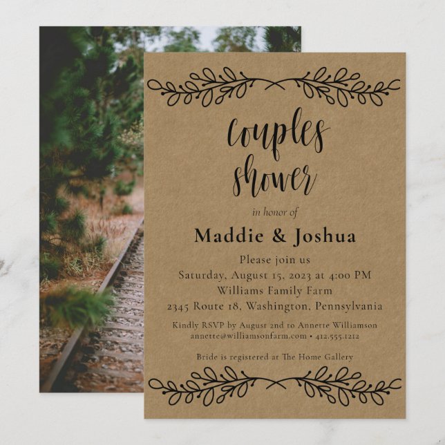 Rustic Laurel Kraft Foto Paare Dusche einladen Einladung (Vorne/Hinten)