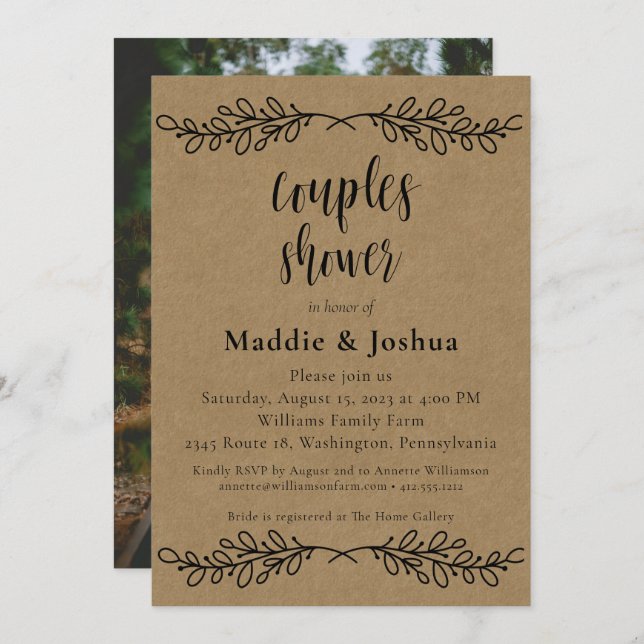 Rustic Laurel Kraft Photo Couples Invitation de do (Devant / Derrière)