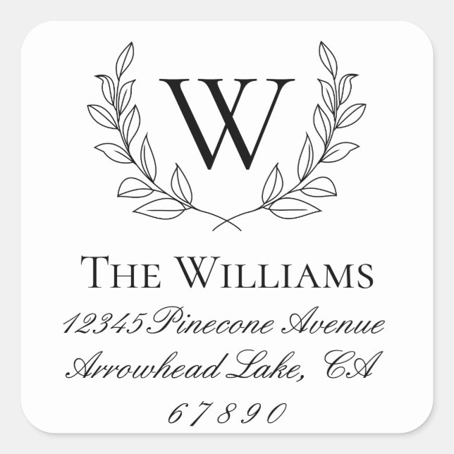 Rustic Laurel Wreath Monogram-Adresse Quadratischer Aufkleber (Vorderseite)
