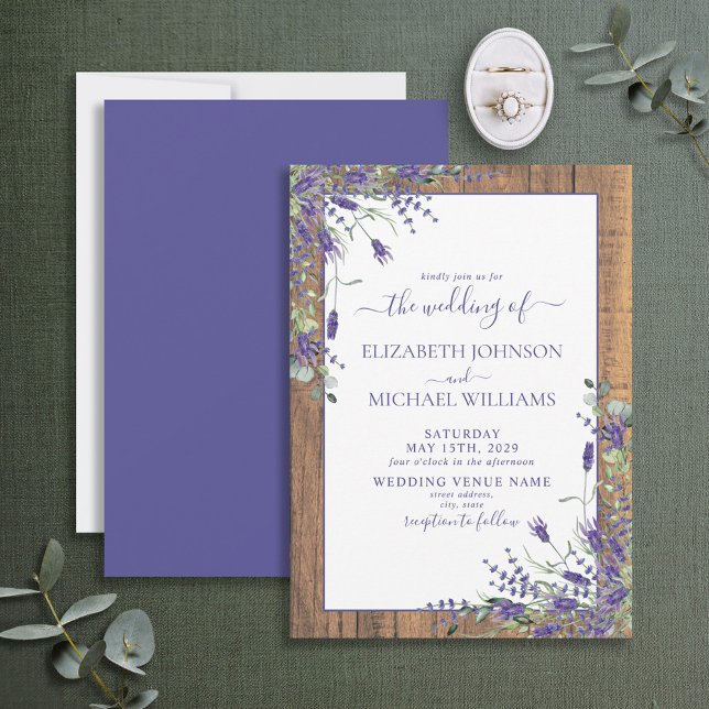 Rustic Lavender Eucalyptus Wood Script Wedding Einladung (Von Creator hochgeladen)