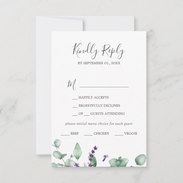 Rustic Lavender & Eukalyptus Menü Auswahl RSVP Kar Karte (Vorderseite)