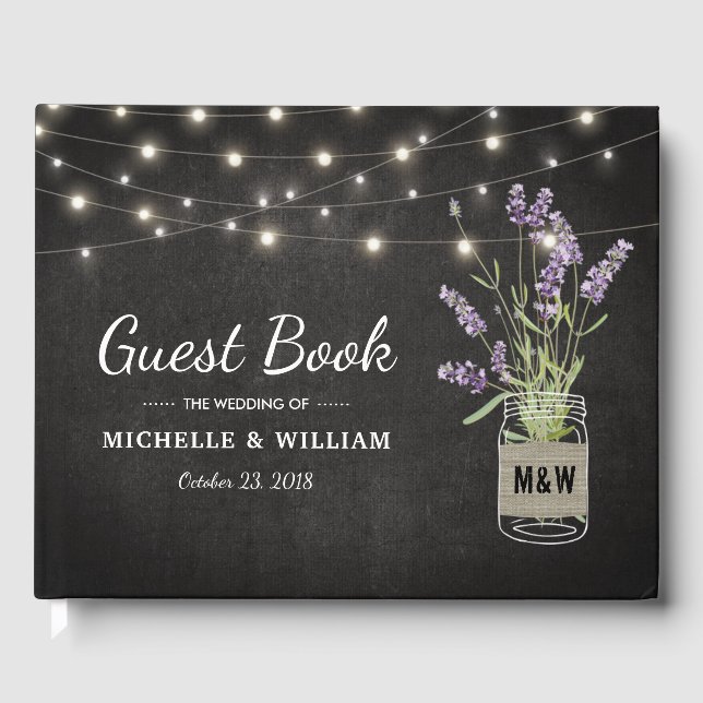 Rustic Lavender Mason Jar Lights Wedding Gästebuch (Vorderseite)