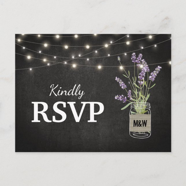 Rustic Lavender Mason Jar Lights Wedding RSVP Einladungspostkarte (Vorderseite)