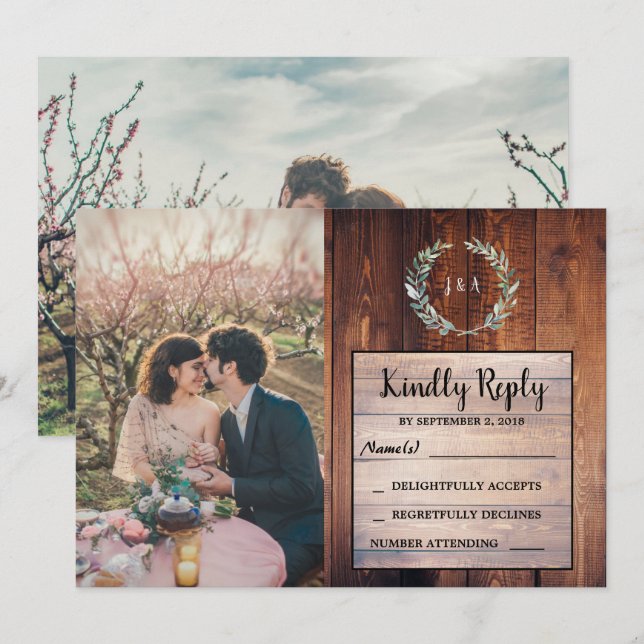 Rustic leaves on wood monogram foto von Wedding RS Einladung (Vorne/Hinten)