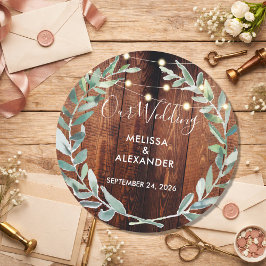 Rustic leaves on wood string lights wedding runder aufkleber