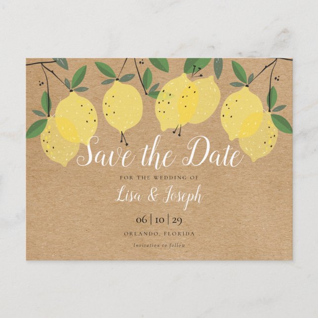 Rustic Lemons Boho Elegant Save the Date Postkarte (Vorderseite)