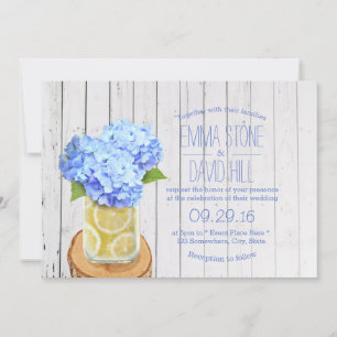 Rustic Lemons Jar & Blue Hydrangea Wedding Einladung