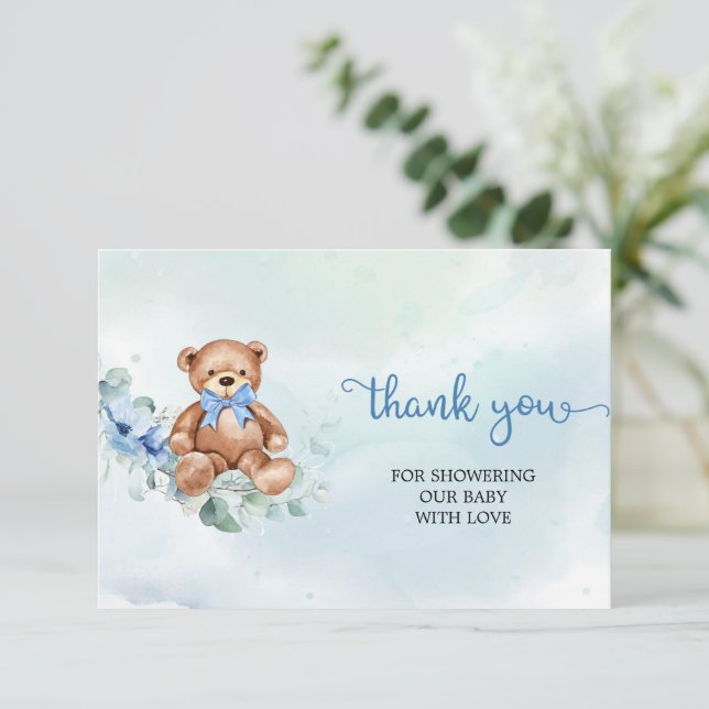 Rustic Light Blue Floral Teddy Bären Vielen Dank Begleitkarte (Stehend Vorderseite)