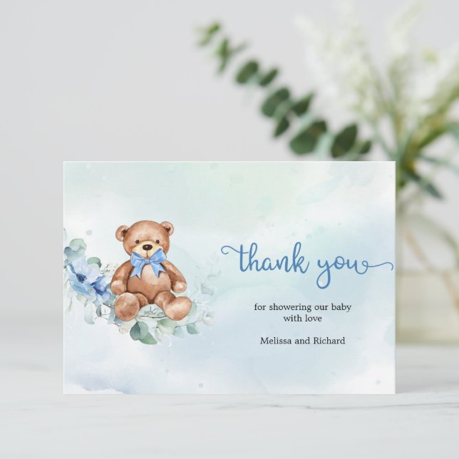 Rustic Light Blue Floral Teddy Bären Vielen Dank Begleitkarte (Stehend Vorderseite)