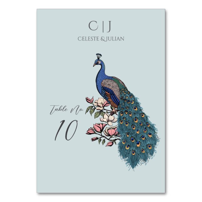 Rustic Light Blue Peacock Wedding Tischnummer (Vorderseite)