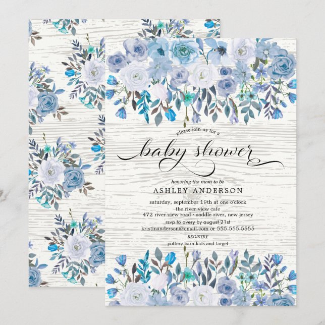 Rustic Light Blue Watercolor BläsernBaby Dusche Einladung (Vorne/Hinten)