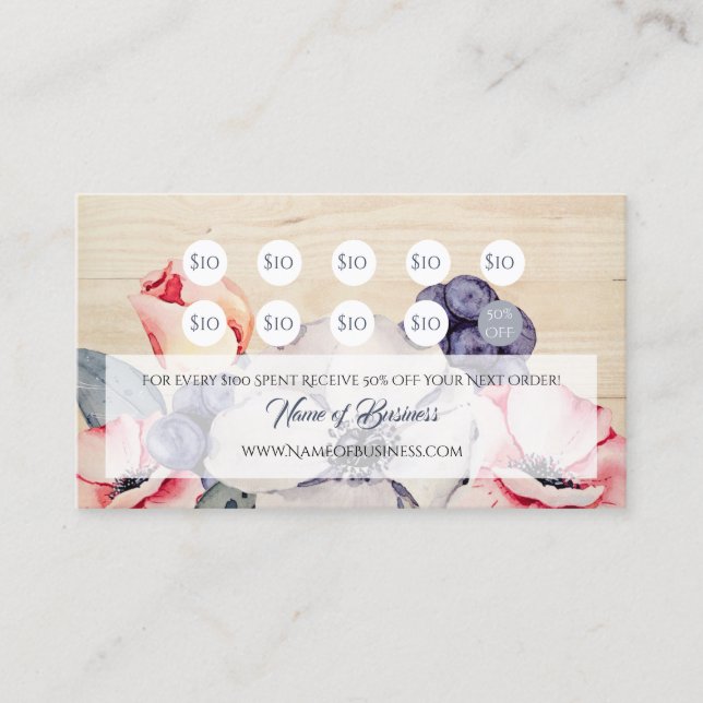 Rustic Light Wood Summer Blossom Loyalty Card Treuekarte (Vorderseite)