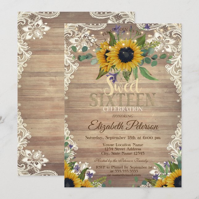 Rustic Lights,Lace Sunflowers Sweet 16 Party Einladung (Vorne/Hinten)