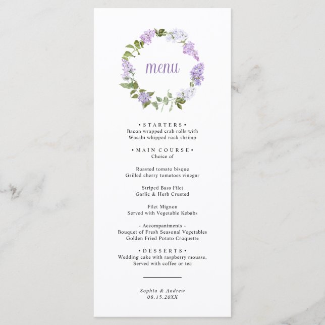 Rustic Lilac Flowers Wedding Menu (Devant)