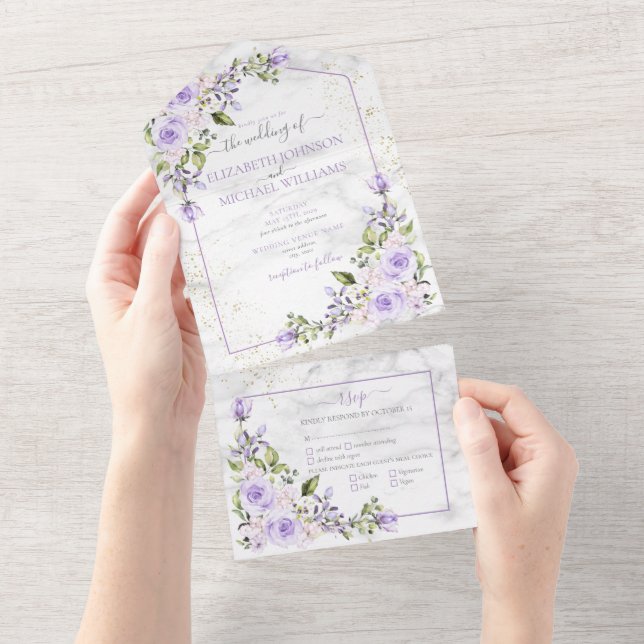 Rustic Lilac Lavender Gold Marble Floral Wedding All In One Einladung (Abreißen)