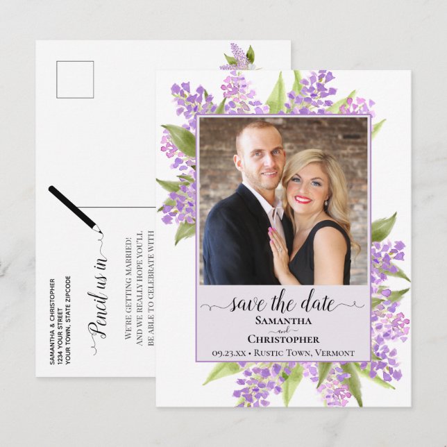 Rustic Lilacs Wedding Save the Date Foto Lavender Ankündigungspostkarte (Vorne/Hinten)