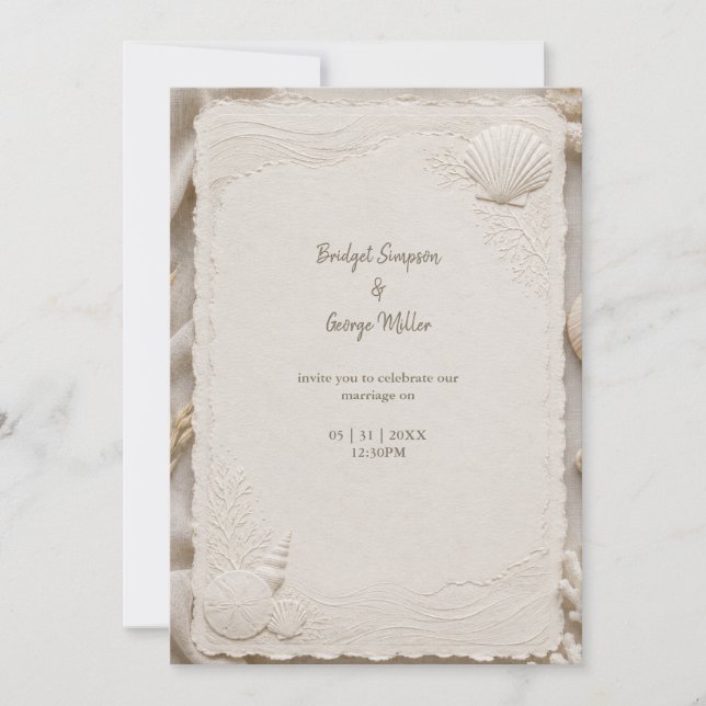Rustic Linen Coastal Wedding Seashells Einladung (Vorderseite)