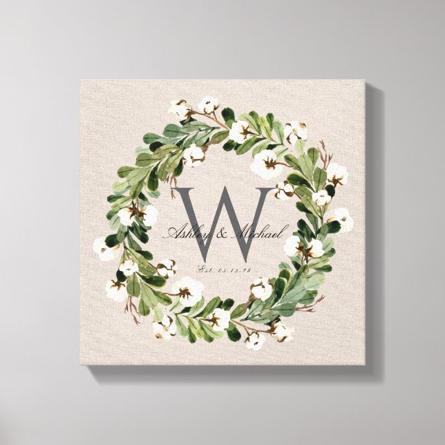 Rustic Linen Wreath Monogram Wedding Keepske Leinwanddruck (Vorderseite)