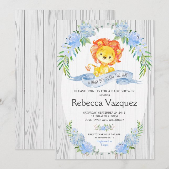 Rustic Lion Blue Floral Baby Shower Einladungen (Vorne/Hinten)