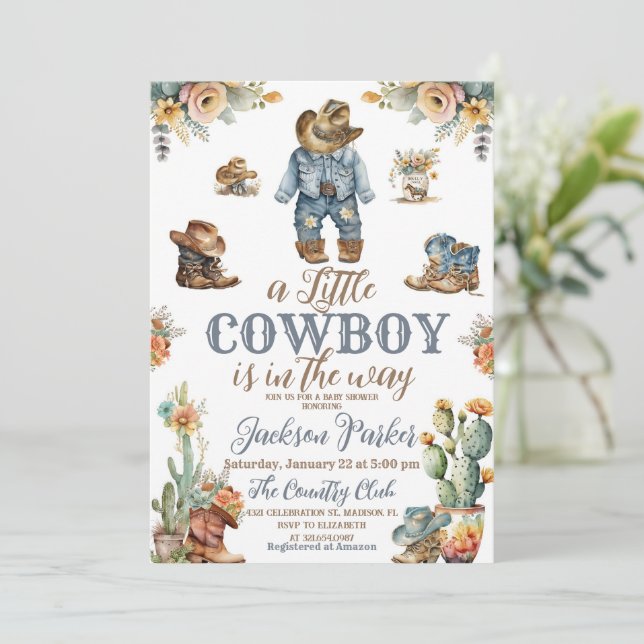 Rustic Little Cowdoy Wild West Boy Baby Dusche Einladung (Stehend Vorderseite)