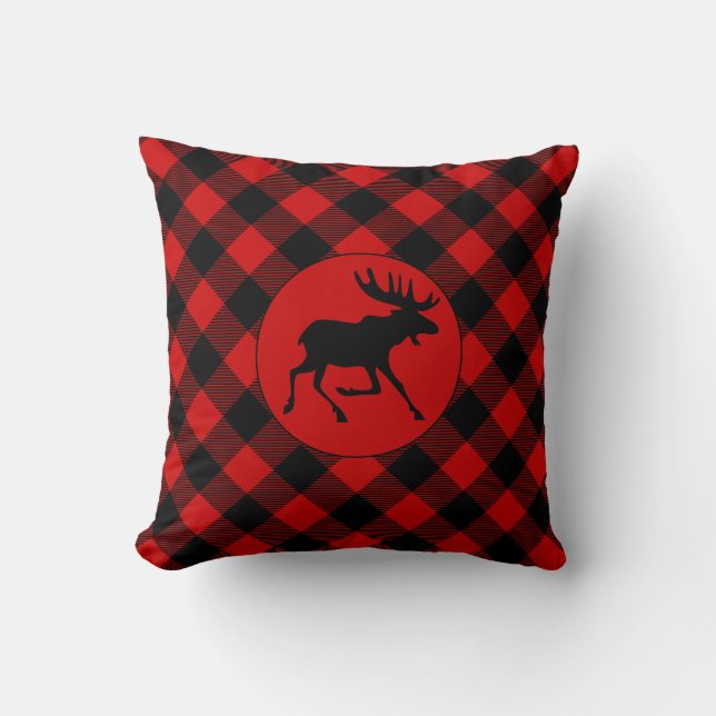 Rustic Lodge Elch und Buffalo Kariertes Muster Kissen (Vorderseite)