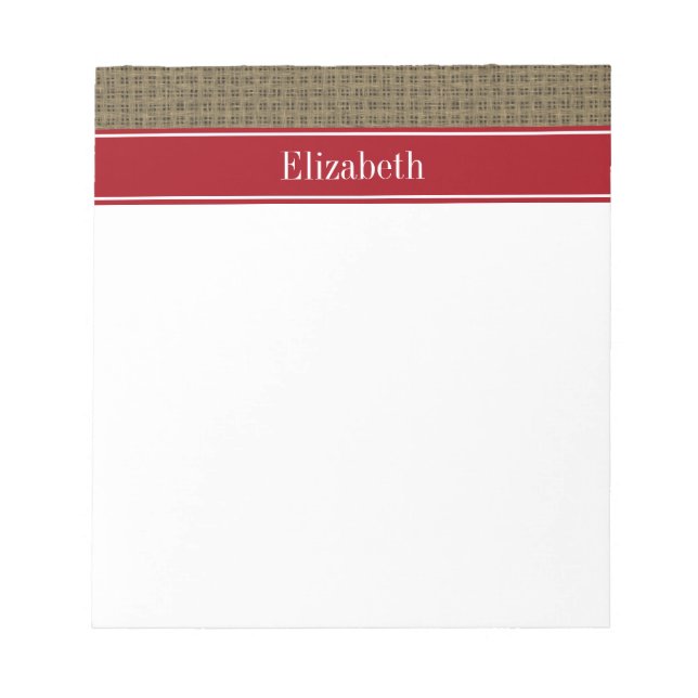 Rustic Look Burlap #2 Cranberry Red Name Monogram Notizblock (Vorderseite)