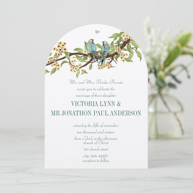 Rustic Love Bird Türkis Yellow Wedites Einladung (Stehend Vorderseite)