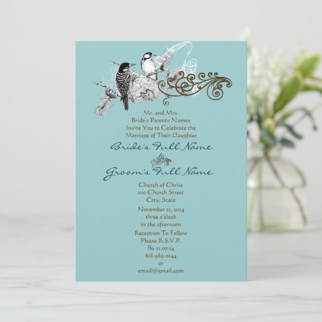 Rustic Lovebirds Wedding Invitation Einladung (Stehend Vorderseite)